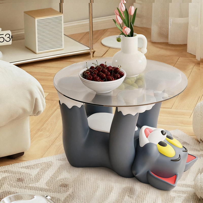 Orren Ellis Creative Cartoon Resin Tomcat Glass Coffee Table Floor